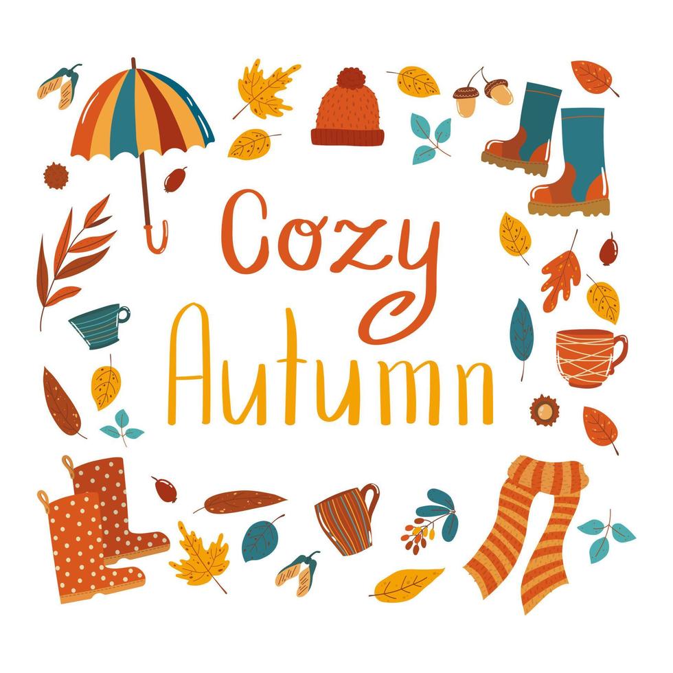 Lettering Cozy Autumn with autumnal items and foliage in flat style vector