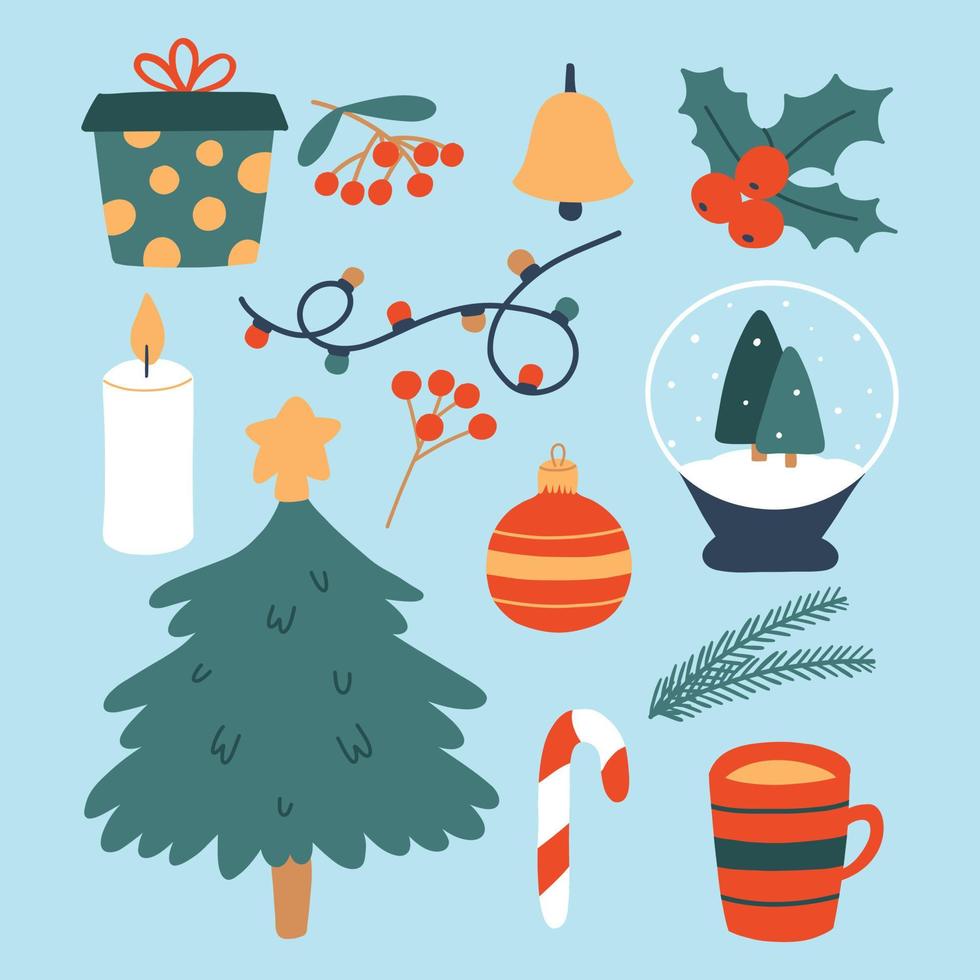 conjunto de elementos de invierno. colección de objetos de invierno. árbol de navidad, regalo, guirnalda, acebo, vela. ilustración vectorial decoración navideña estilo plano vector