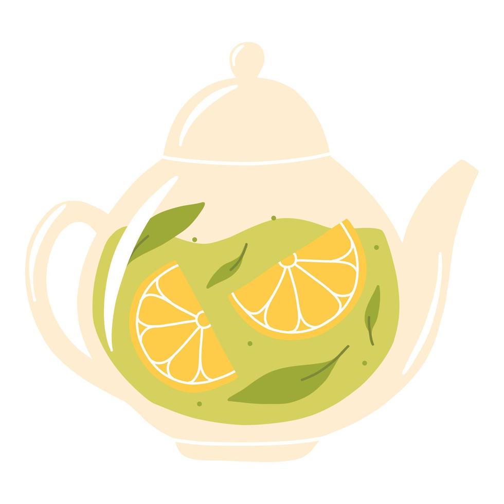 Teapot with green tea and lemon. Herbal tea in a glass teapot. Vector illustration. Isolated illustration on a white background. Flat style.