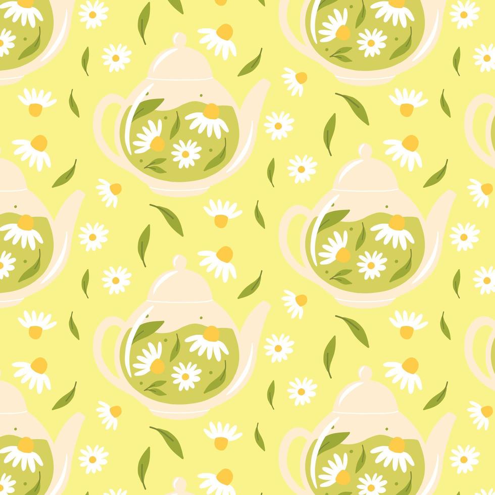 Seamless pattern with chamomile tea. Pattern with teapot, daisy flowers and leaves. Vector illustration. Flat style.