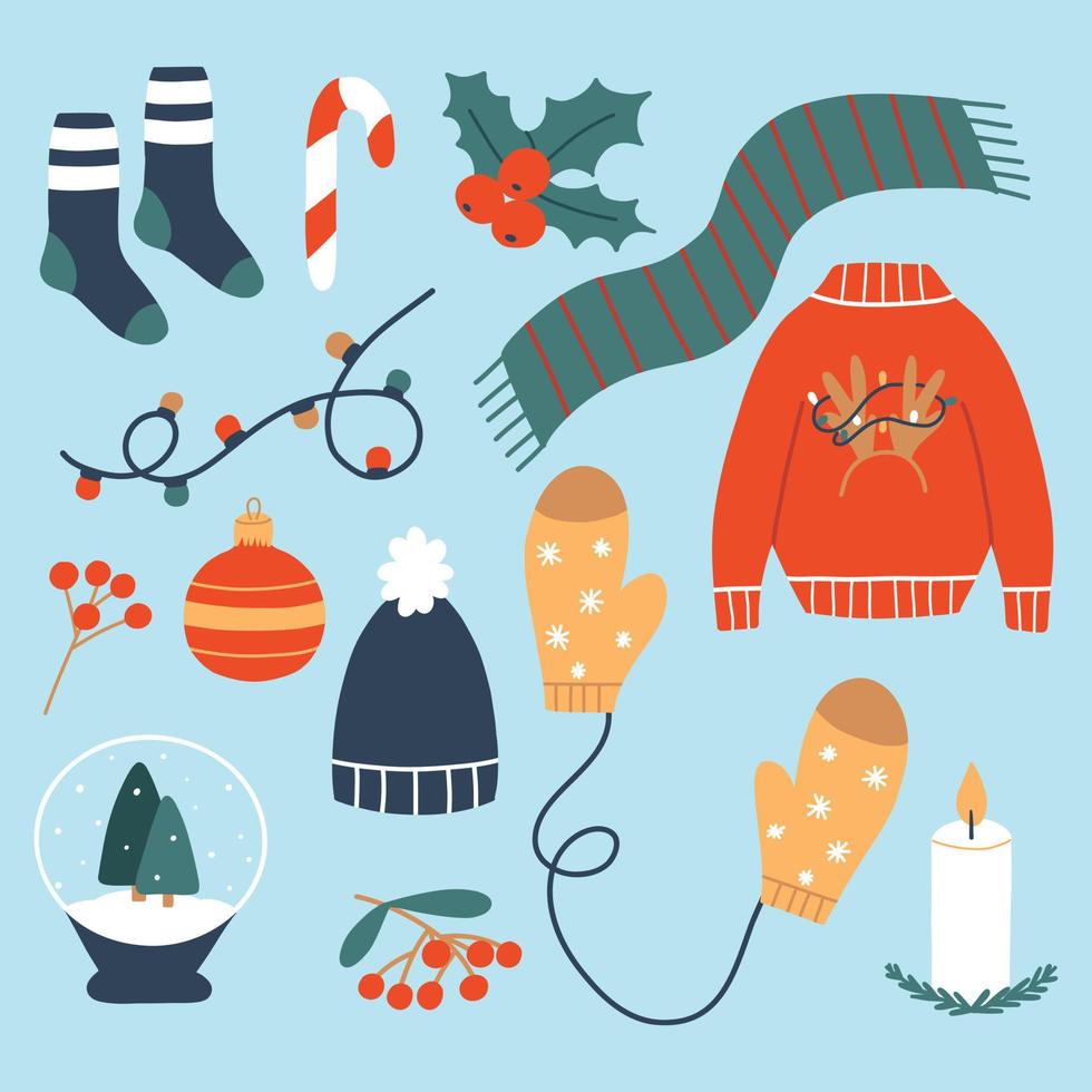 conjunto de elementos de invierno. colección de objetos navideños. ilustración vectorial estilo plano. suéter, calcetines, acebo, juguete de navidad. vector