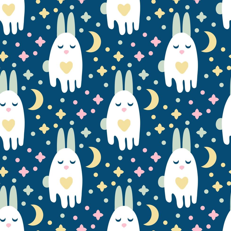 Sleepy rabbits seamless pattern on night starry sky background. vector