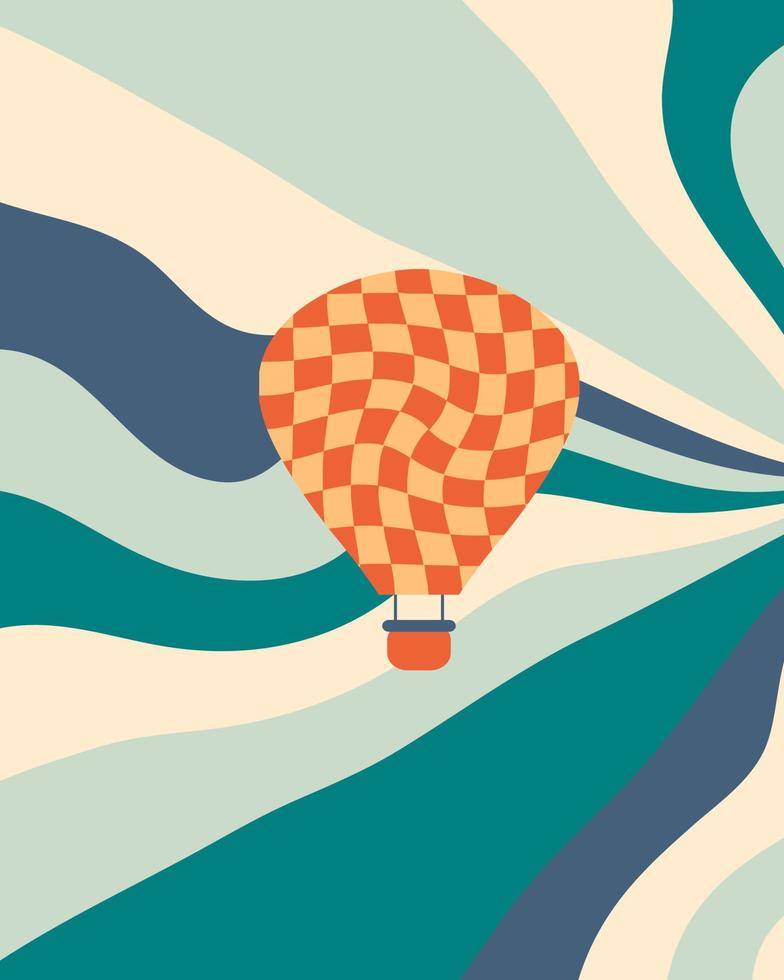 Abstract poster in retro style with hot air balloon on wavy sky background. vector