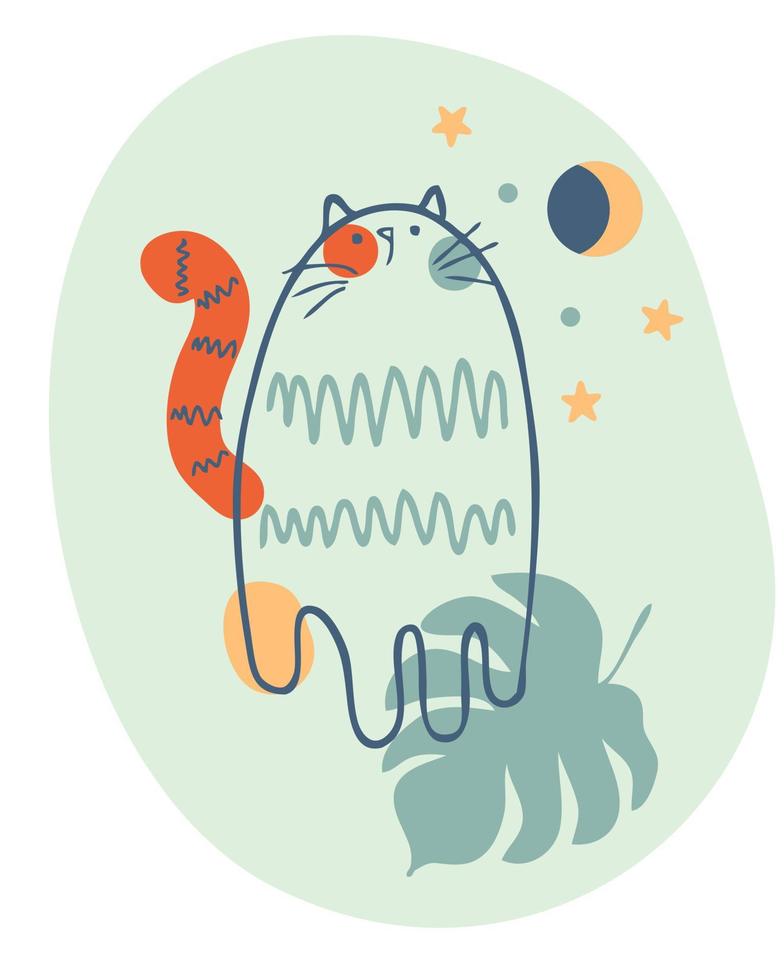 Vintage poster with striped cat, monstera leaf, moon and stars. vector