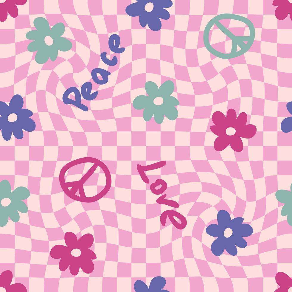 Checkered seamless pattern with symbol of peace and flowers. vector