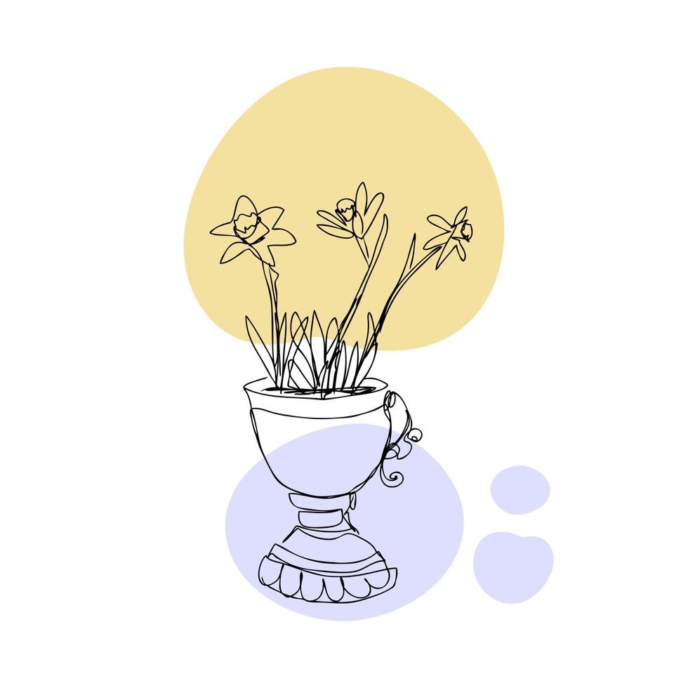Blooming daffodils in a vase lineart vector illustration.