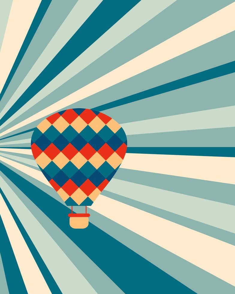 Retro style poster with hot air balloon on striped sky background. vector