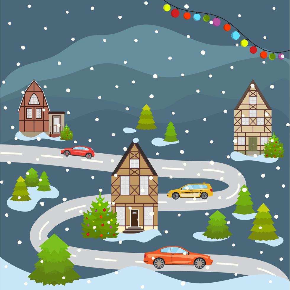 Christmas and Happy New Year city scape celebrating winter holidays. Cartoon old building town street in flat style. Vector illustration