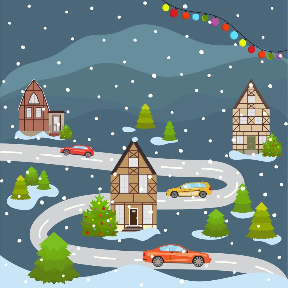 paisaje urbano de navidad y feliz año nuevo celebrando las vacaciones de invierno. calle de la ciudad de construcción antigua de dibujos animados en estilo plano. ilustración vectorial vector