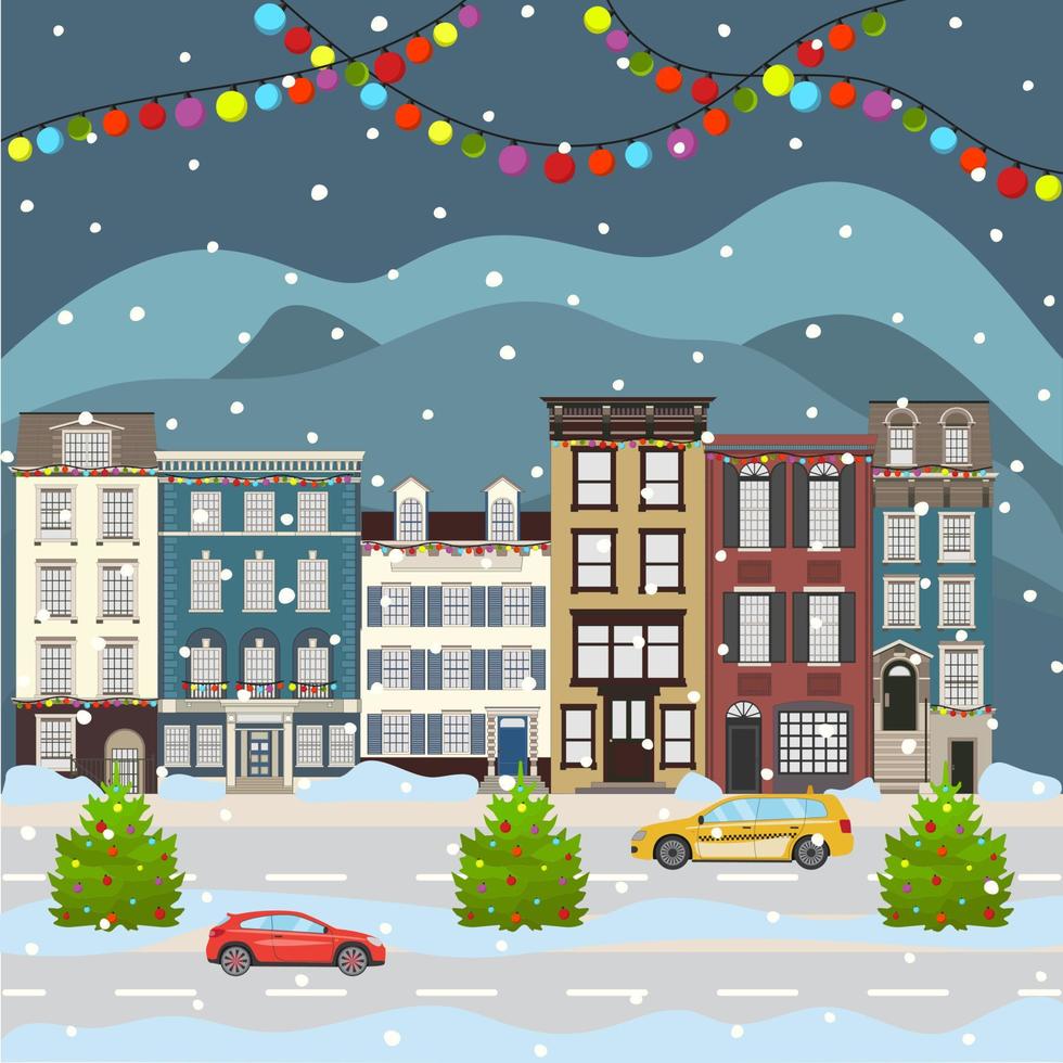 paisaje urbano de navidad y feliz año nuevo celebrando las vacaciones de invierno. calle de la ciudad de construcción antigua de dibujos animados en estilo plano. ilustración vectorial vector