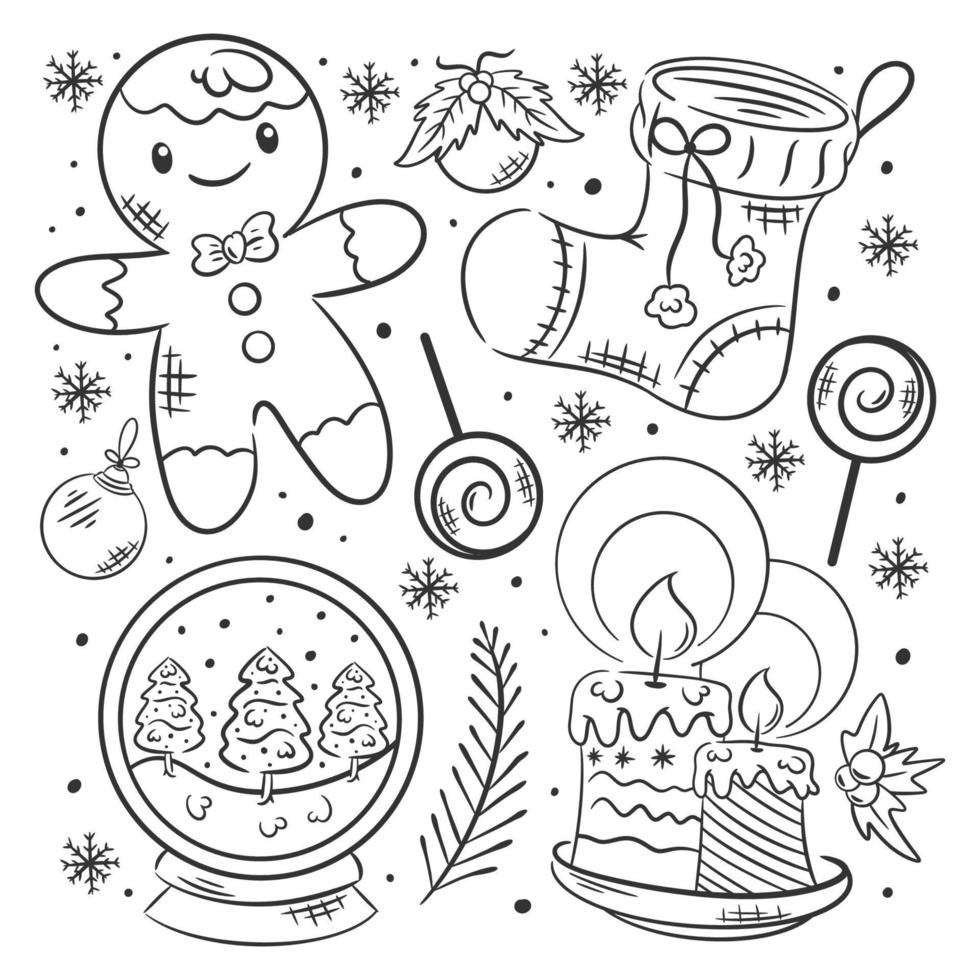 Hand drawn coloring Christmas elements collection vector