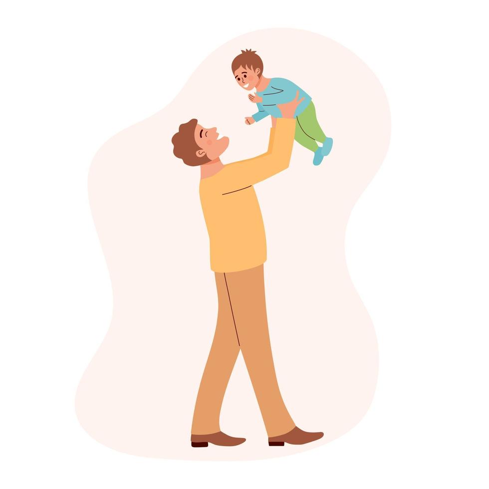 Man holding baby boy. Happy father playing with his baby son. Fatherhood, fathers day, baby care, parenting, happy family or single father concept. vector