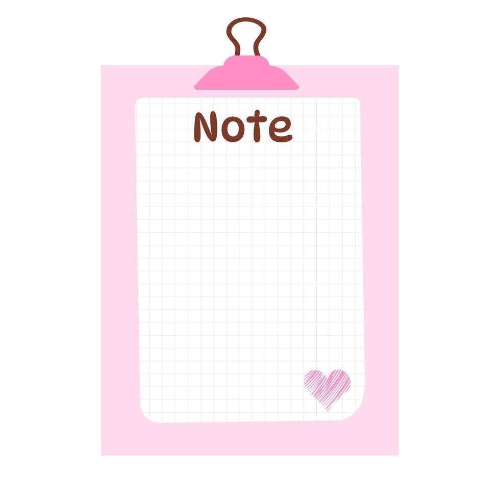 Cute pink note template for planning with clip and heart. Cozy design of schedule, daily planner or checklist. Vector hand-drawn illustration.