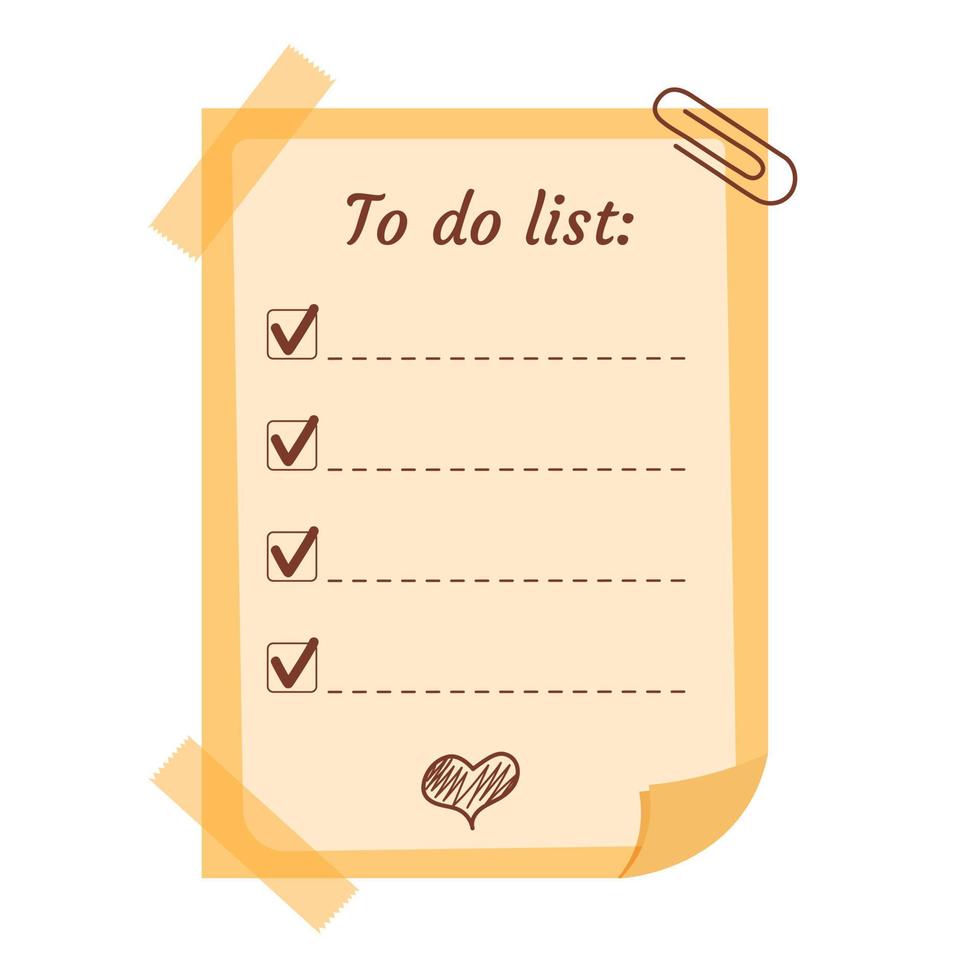 To do list note template for planning with pin and sticky tapes. Cozy design of schedule, daily planner or checklist. Vector hand-drawn illustration.