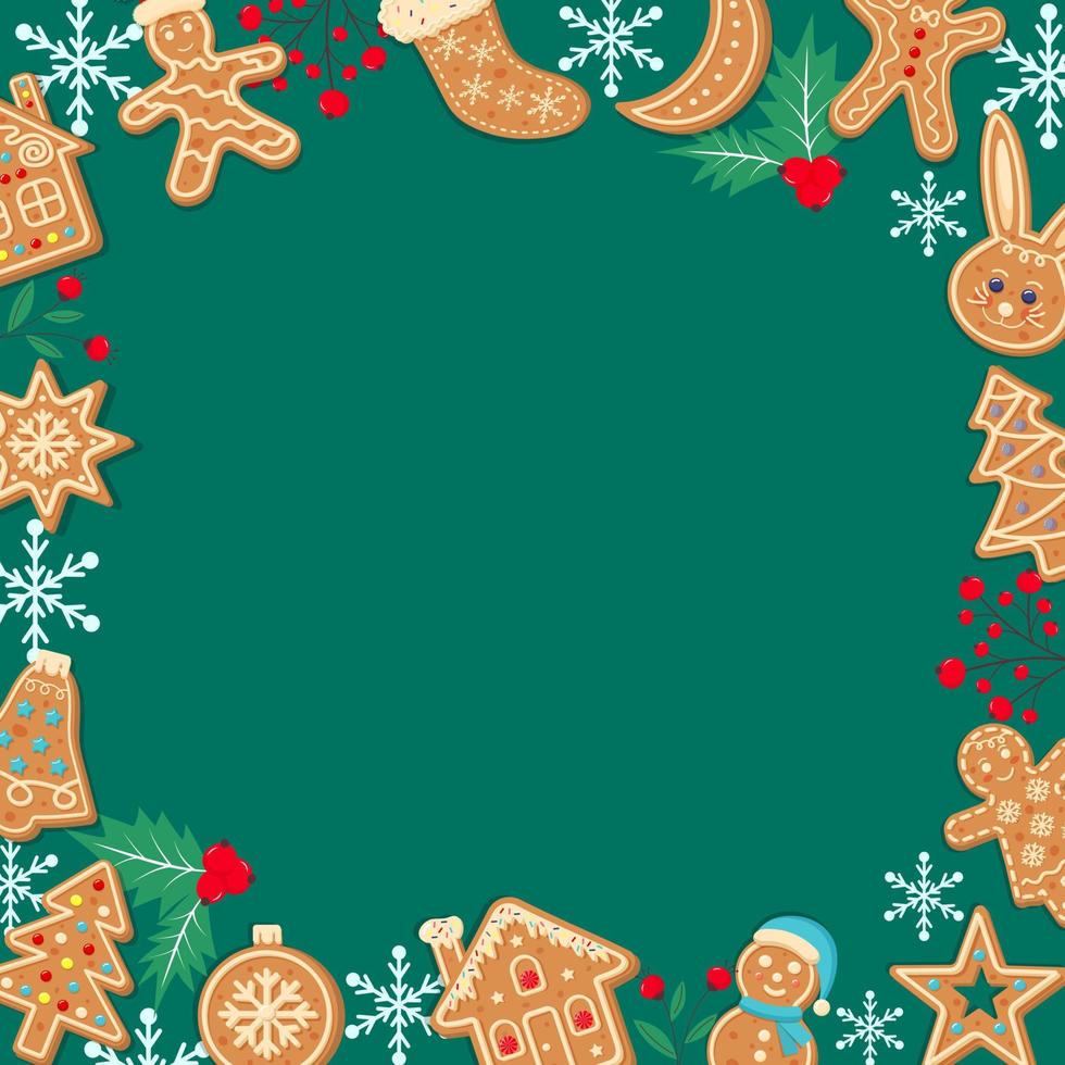 fondo verde de pan de jengibre de navidad. diseño de navidad con galletas de invierno, bayas de acebo, copos de nieve. espacio vacío para su texto. plantilla para tarjetas, pancarta, afiche. vector