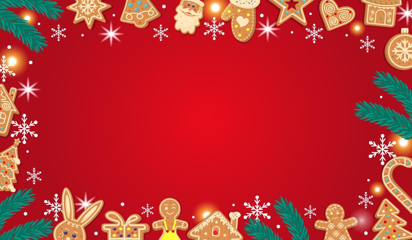 Horizontal red Christmas gingerbread background. Xmas design with winter cookies, fir branches, snowflakes, snow and lights. Empty space for your text. Template for cards, banner, poster, invitation. vector