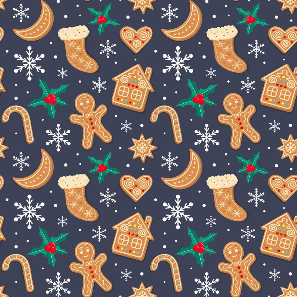 Seamless pattern with Christmas gingerbreads, snowflakes and holly. Xmas homemade biscuits in shape of gingerbread man, house, candy cane, sock, moon and heart on dark blue background. vector