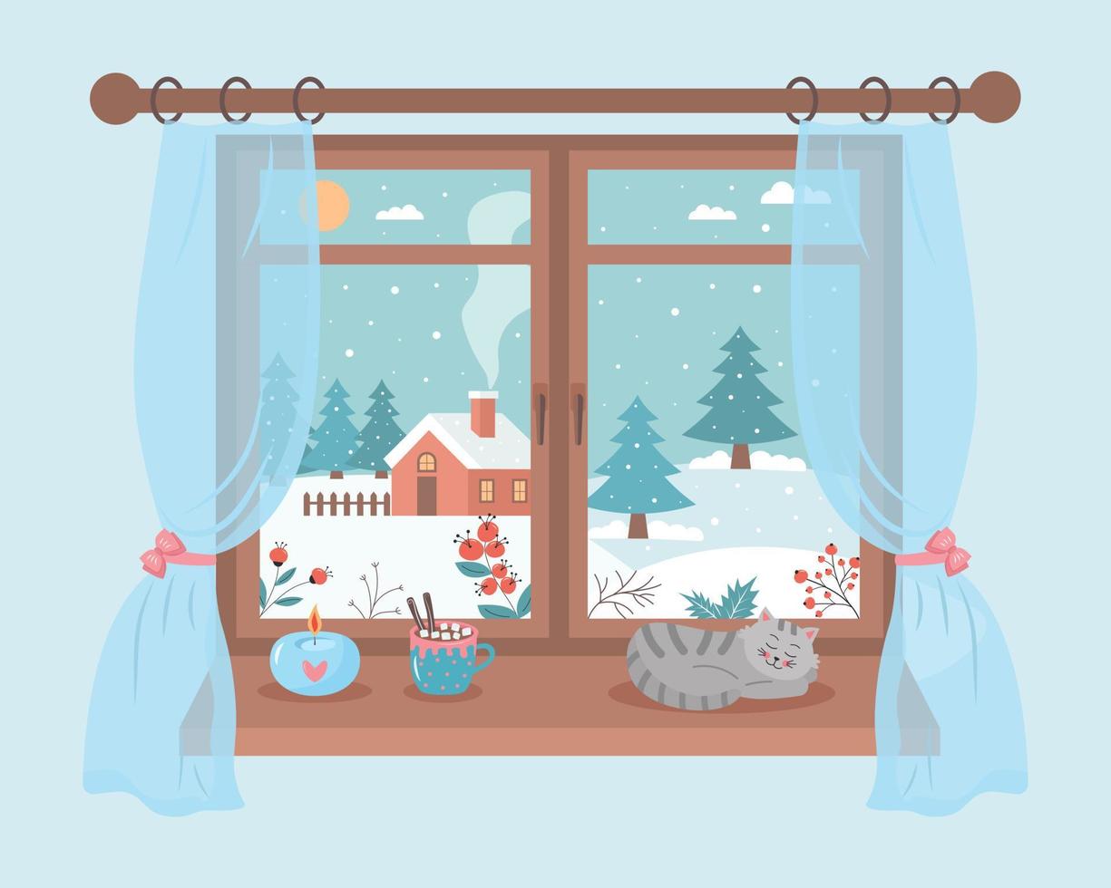 Window with winter day view, sleeping cat, candle and a mug of coffee on the sill. Winter mood, relaxing, cozy home concept. vector