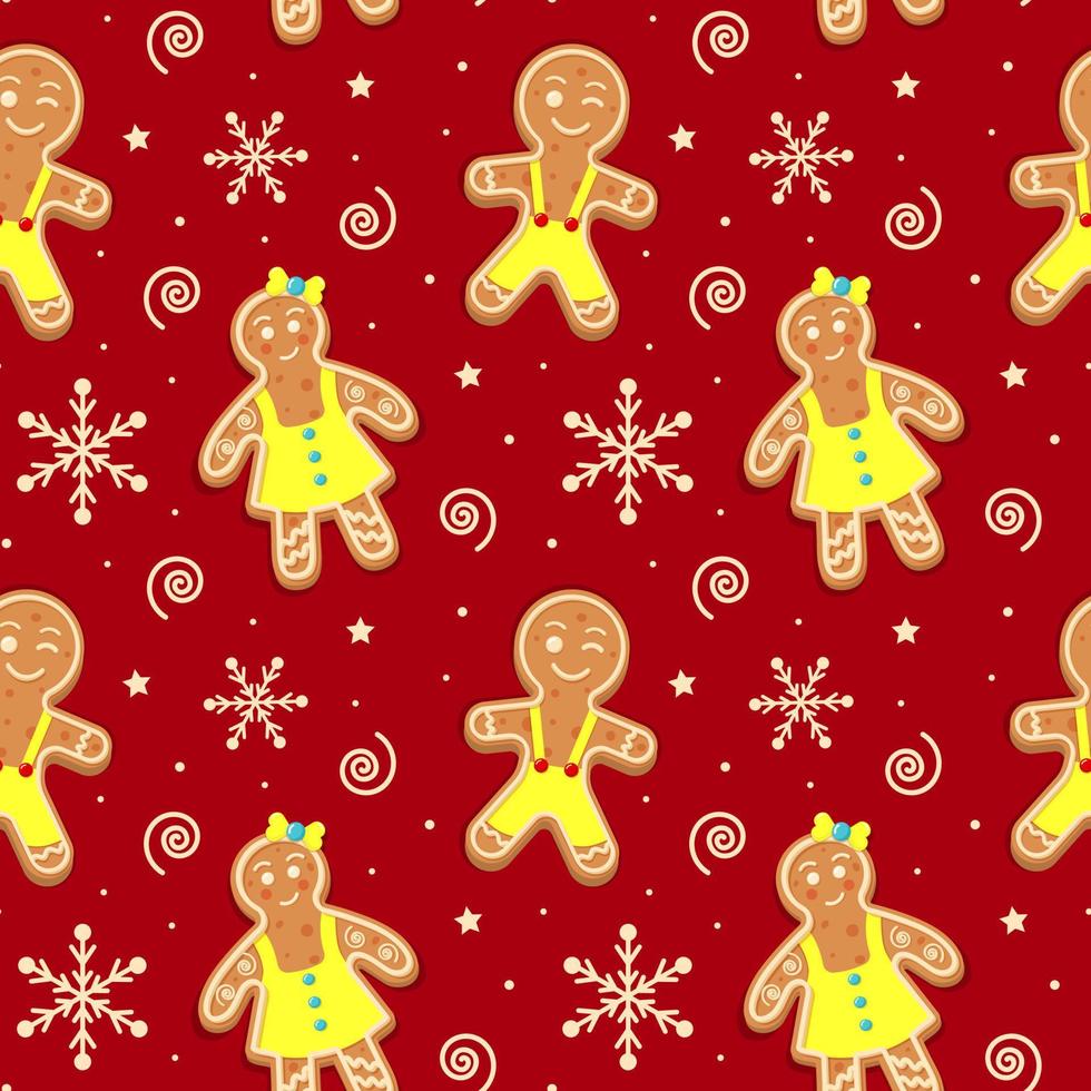 Seamless pattern with Christmas gingerbread men and women, stars, spiral and snowflakes. Xmas homemade biscuits on red background. vector