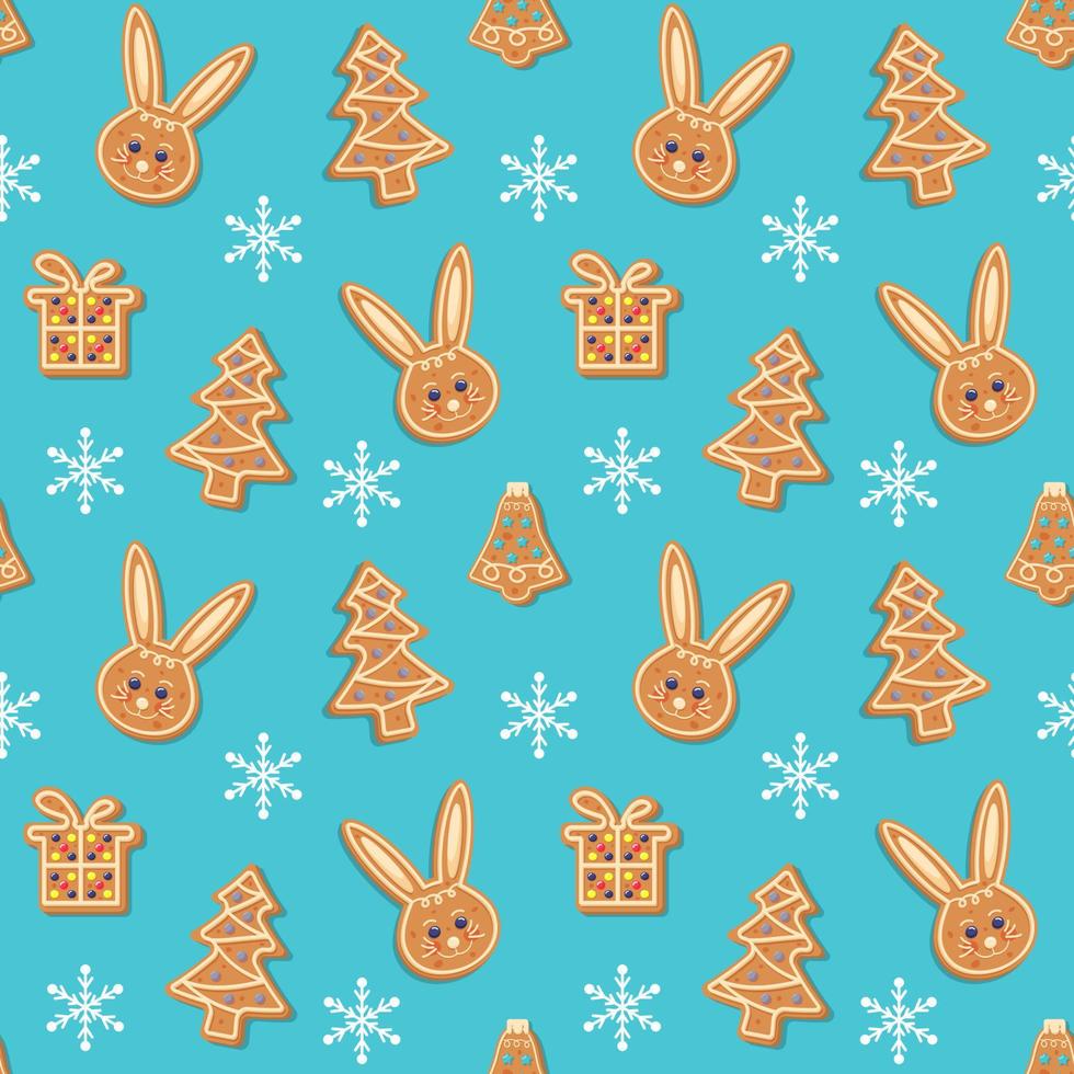 Seamless pattern with Christmas gingerbread rabbit, fir tree, bell, gift box and snowflakes. Xmas homemade biscuits on blue background. vector