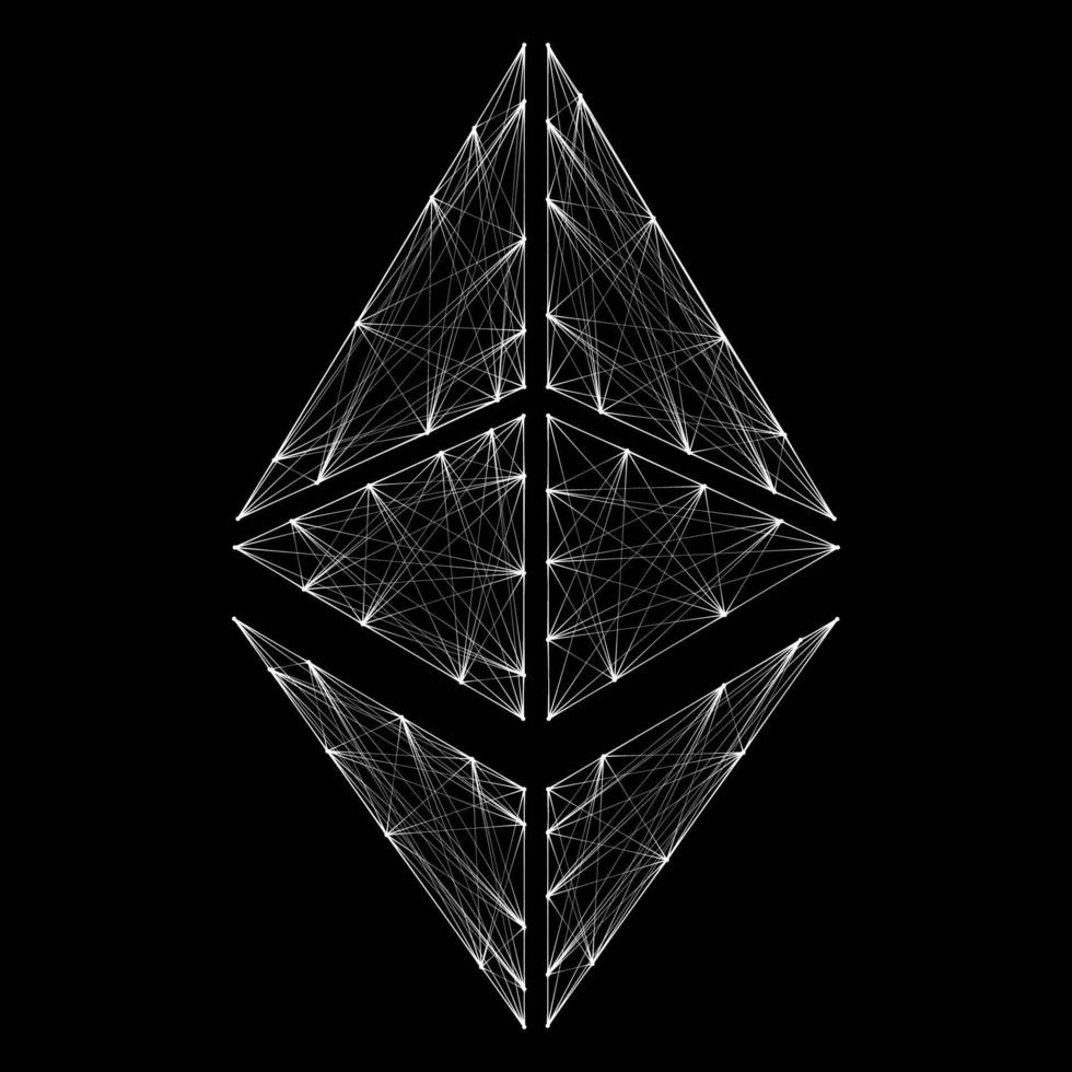 Ethereum ETH cryptocurrency token symbol, linear polygonal white coin icon isolated on black background. Design element for website or banner. Vector illustration.