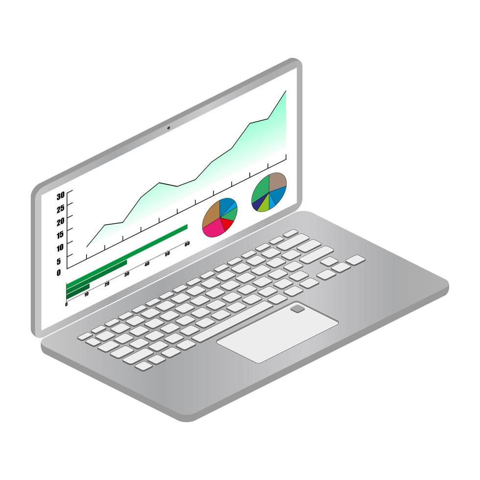 Isometric laptop with graphs and charts on the screen isolated on white. Computer with an analytical system. Vector EPS10.