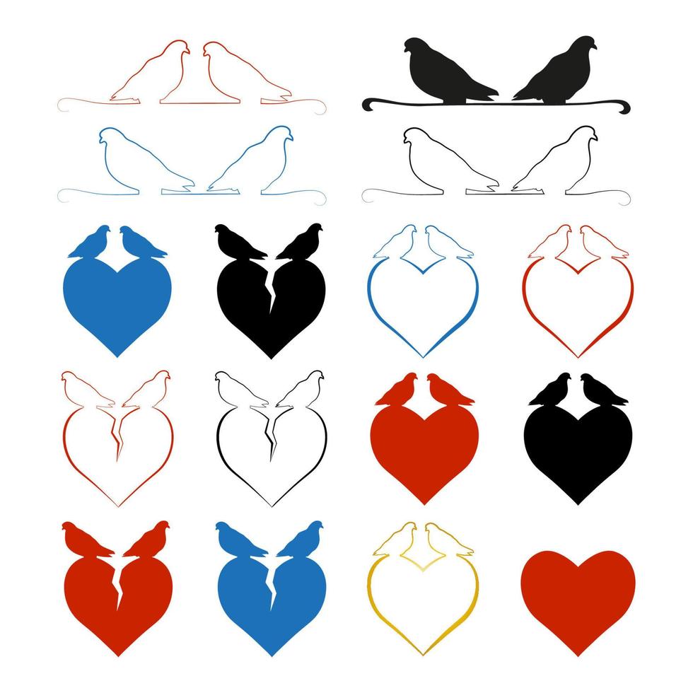 Set of hearts with pigeons sitting on them. The concept of a broken heart and strong love. Multi-colored silhouettes of hearts. Vector EPS 10.