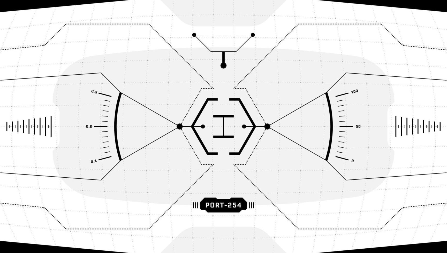 VR HUD digital futuristic interface cyberpunk screen. Sci-fi virtual technology head up display target. GUI UI black and white spaceship cockpit dashboard panel. FUI viewfinder hi tech visor. Vector