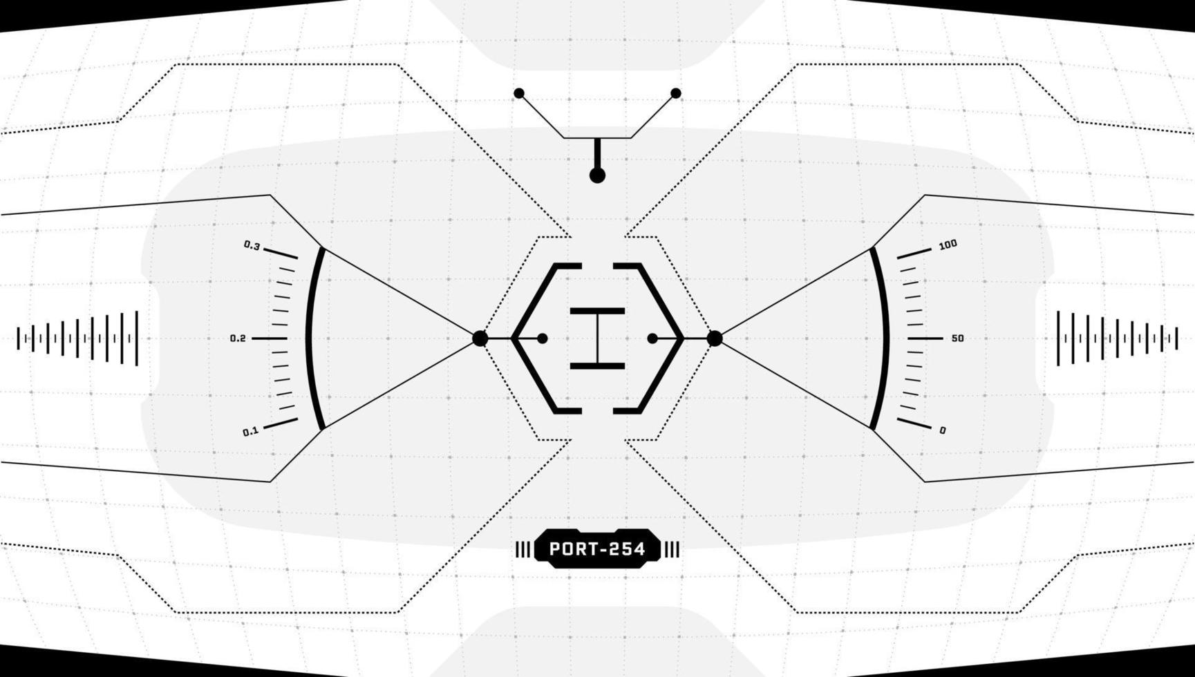 Pantalla ciberpunk de interfaz futurista digital vr hud. objetivo de visualización frontal de tecnología virtual de ciencia ficción. panel de tablero de la cabina de la nave espacial en blanco y negro gui ui. visor fui visor de alta tecnología. vector