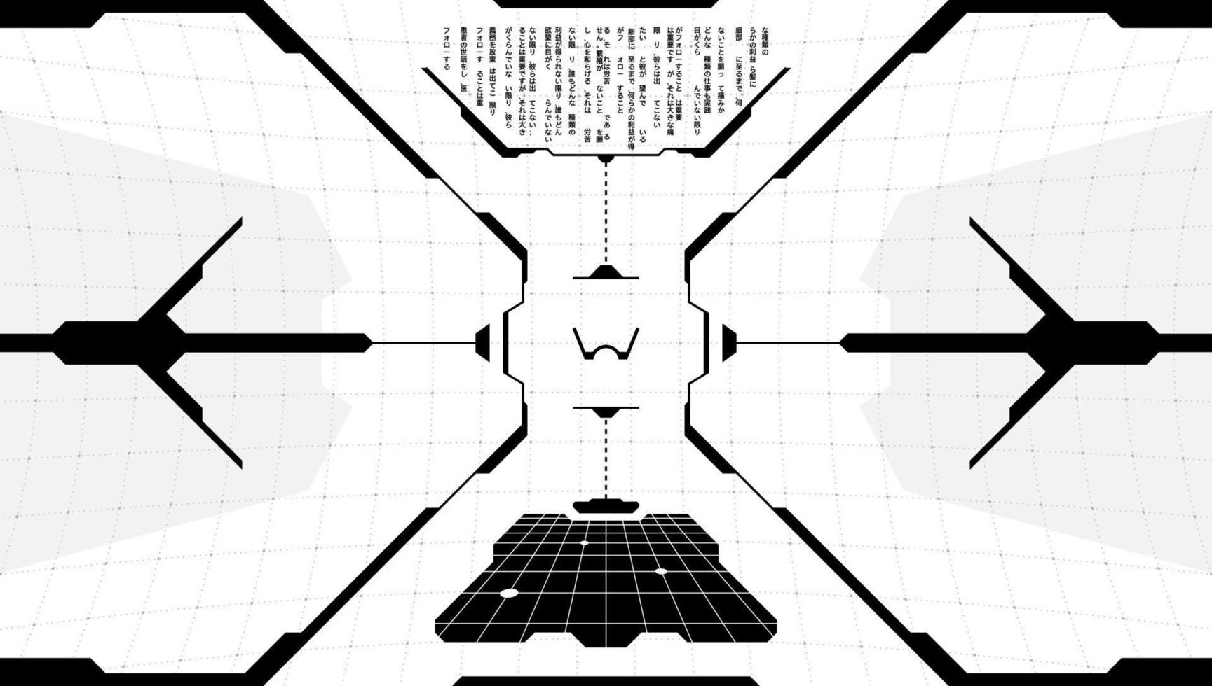 objetivo de visualización frontal de tecnología virtual vr hud. interfaz futurista digital cyberpunk pantalla de visor de alta tecnología. fui gui ui panel de tablero de mandos de cabina de nave espacial en blanco y negro con código de programa. vector