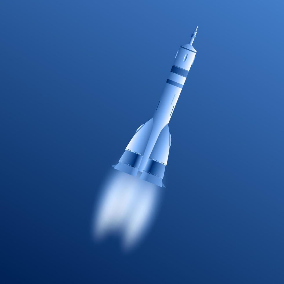 una larga nave espacial con llamas de motores vuela sobre fondo azul. cohete volador. teñido de azul ilustración vectorial vector