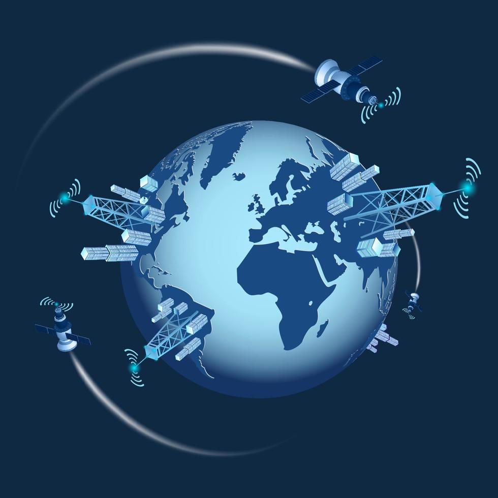 Isometric concept of high speed satellite communication 5g isolated on blue. 3d planet Earth with cell towers. Vector design element.