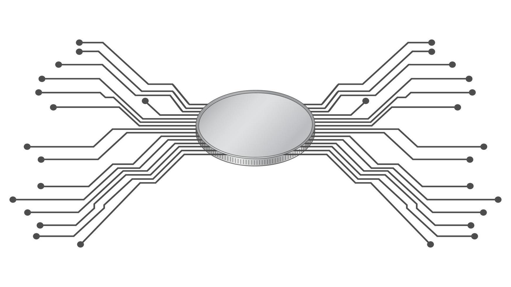 Futuristic isometric coin with diverging PCB tracks in gray isolated on white. Blank for logo or symbol. Vector illustration.