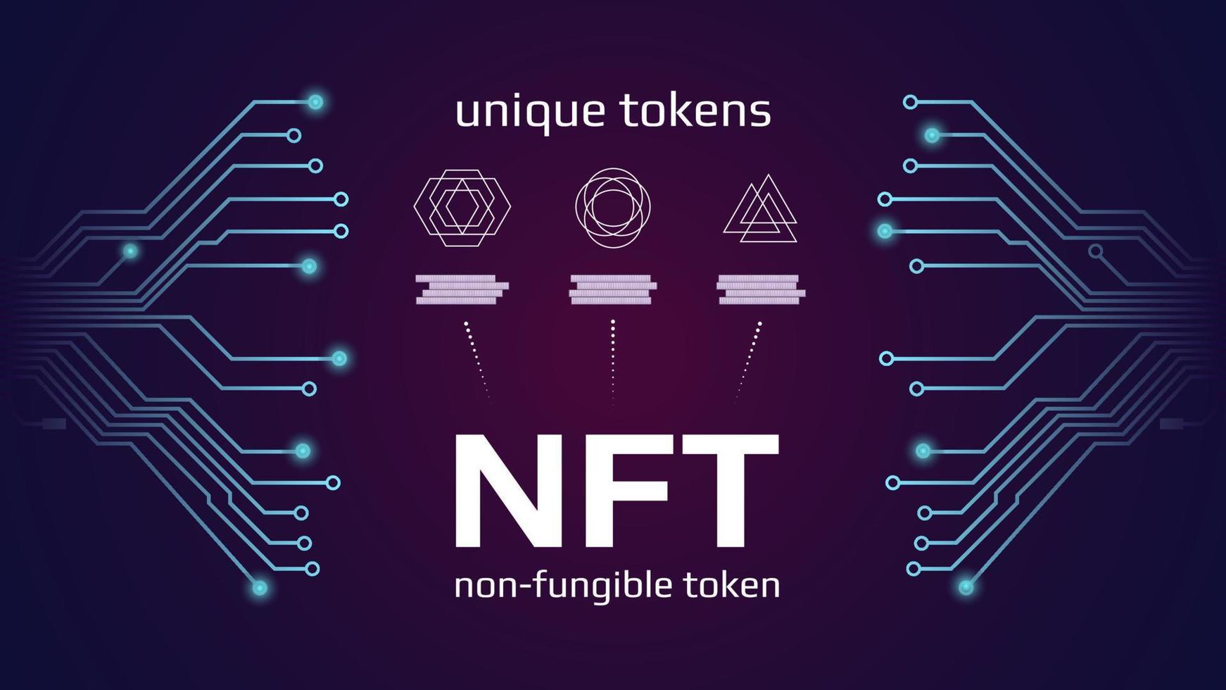 infografías de tokens no fungibles nft con pistas de pcb sobre fondo oscuro. paga por coleccionables únicos en juegos o arte. ilustración vectorial vector