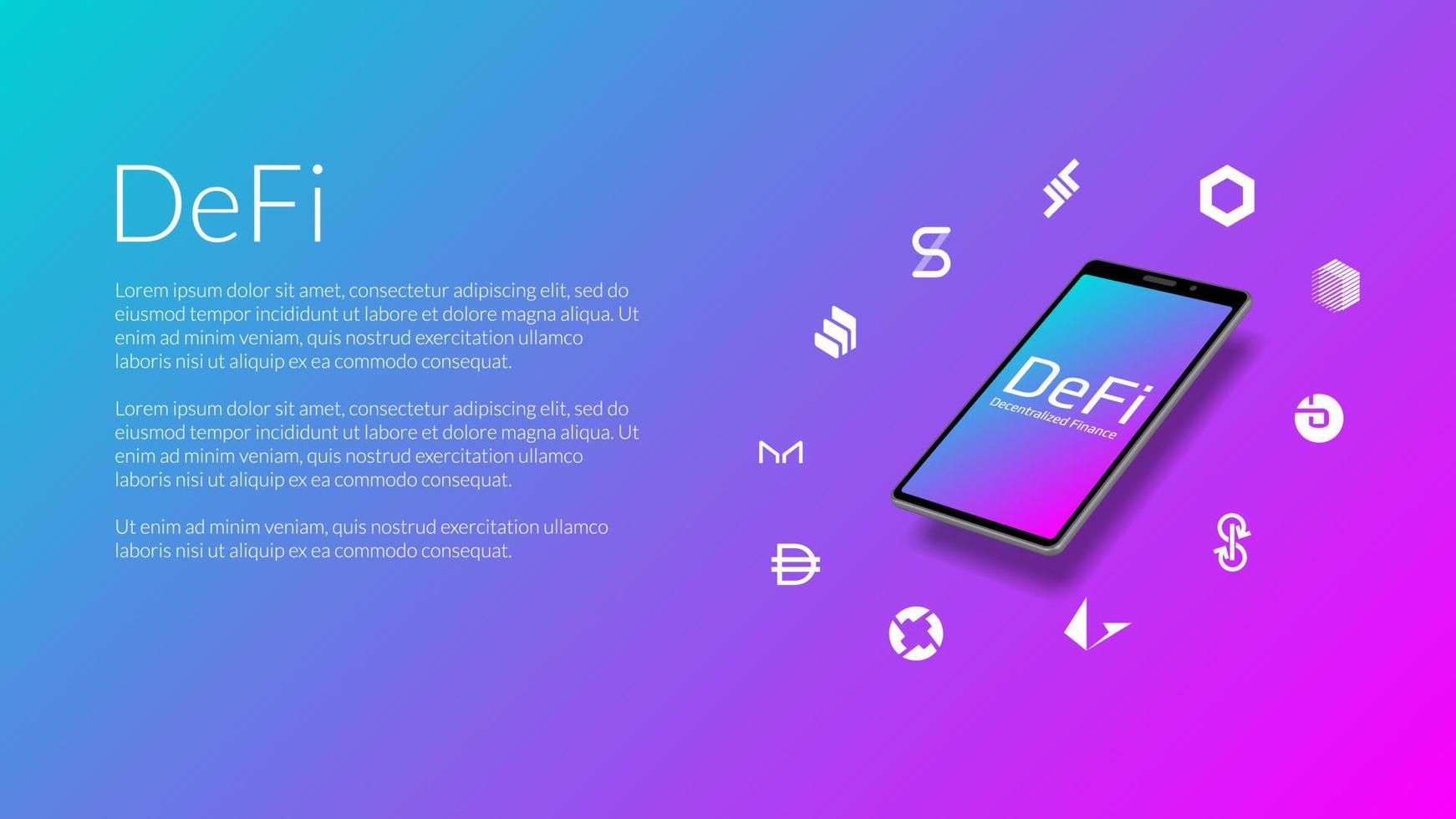 DeFi decentralized finance information website header mockup with realistic isometric smartphone and coin icons around. Beautiful gradient blue to pink. Vector EPS10.