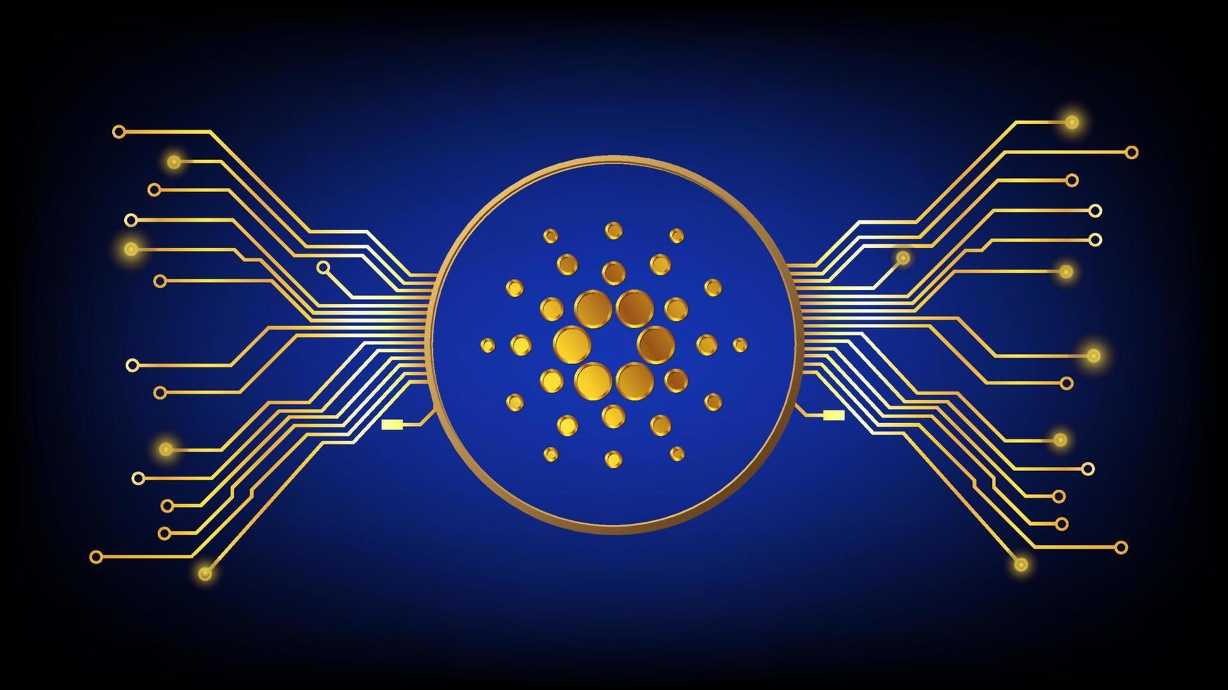 Gold Cardano ADA cryptocurrency symbol in circle with pcb tracks on dark background. Design element in techno style for website or banner. Vector illustration.