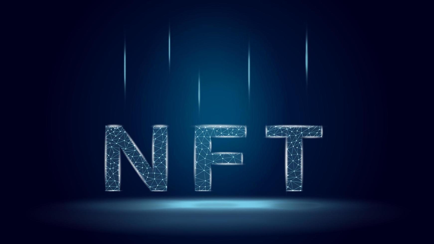 NFT non fungible tokens in polygonal wireframe style on dark blue background. Pay for unique collectibles in games or art. Vector illustration.
