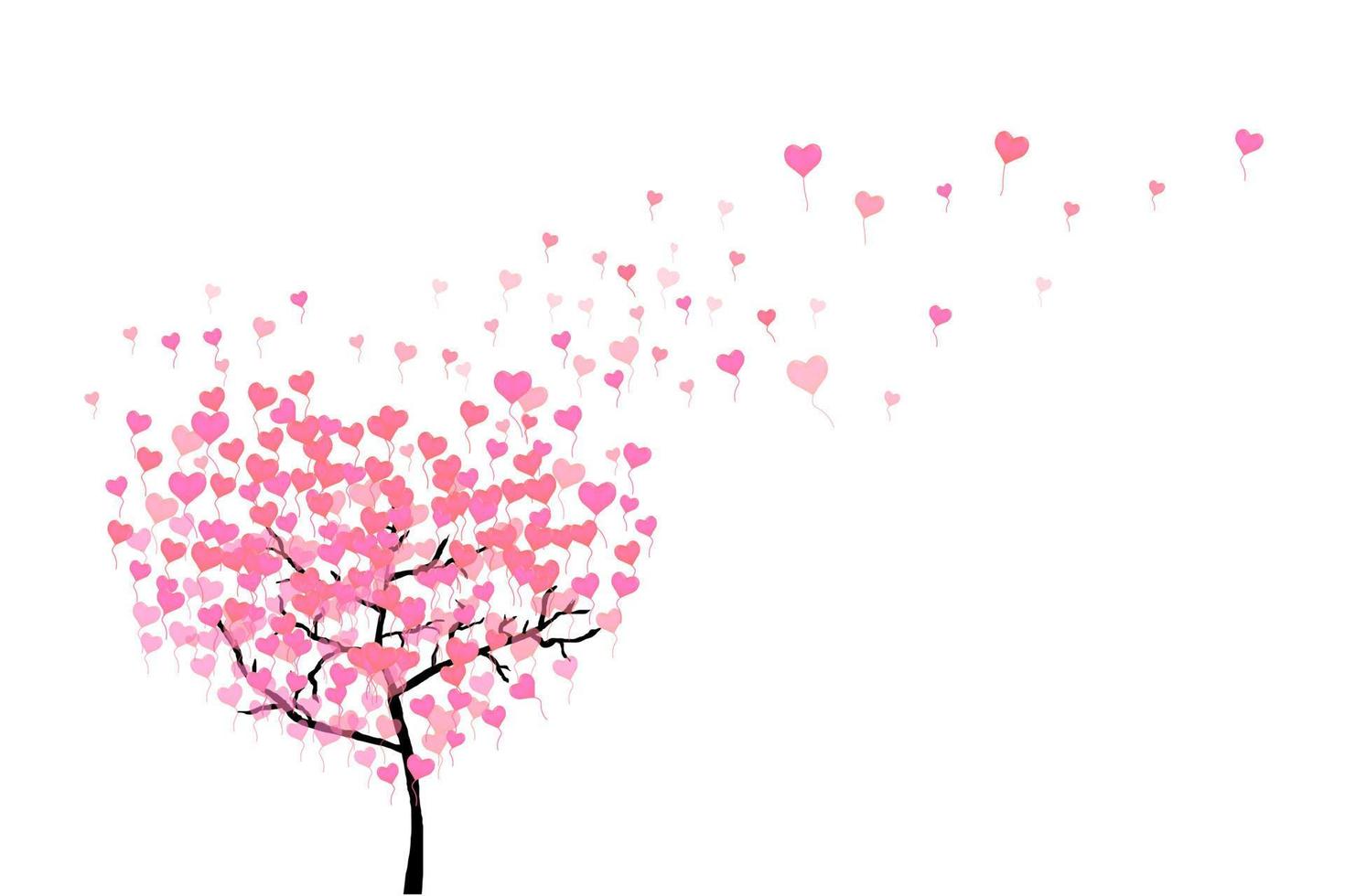 A tree with flying leaves from balloons in the shape of hearts isolated on white. Pink hearts fly from a tree. Broken heart concept. Vector EPS10.