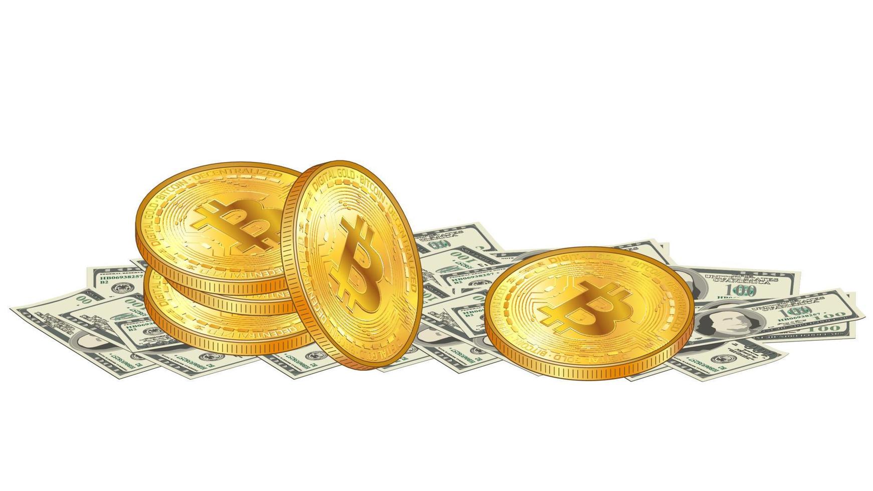 Golden stack of Bitcoin coins lies on pile of paper 100 us dollars banknotes isolated on white. Digital gold over cash money. Vector illustration.