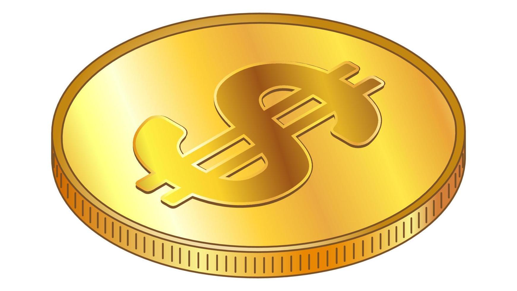 Gold coin Dollar USD in isometric top view isolated on white. Vector design element.