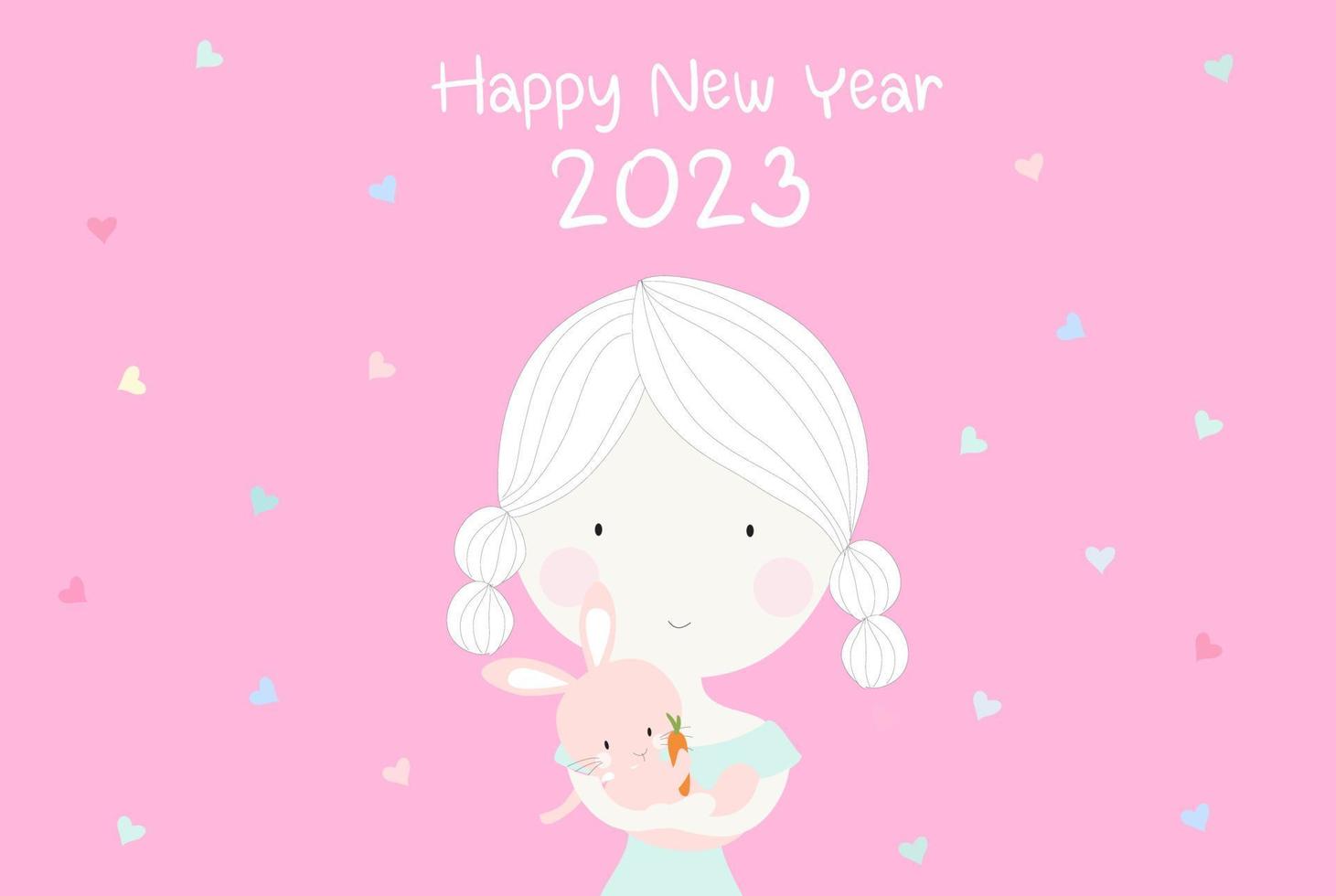 Happy New Year 2023 and Holidays celebration cute girl  holding cute rabbit vector illustration