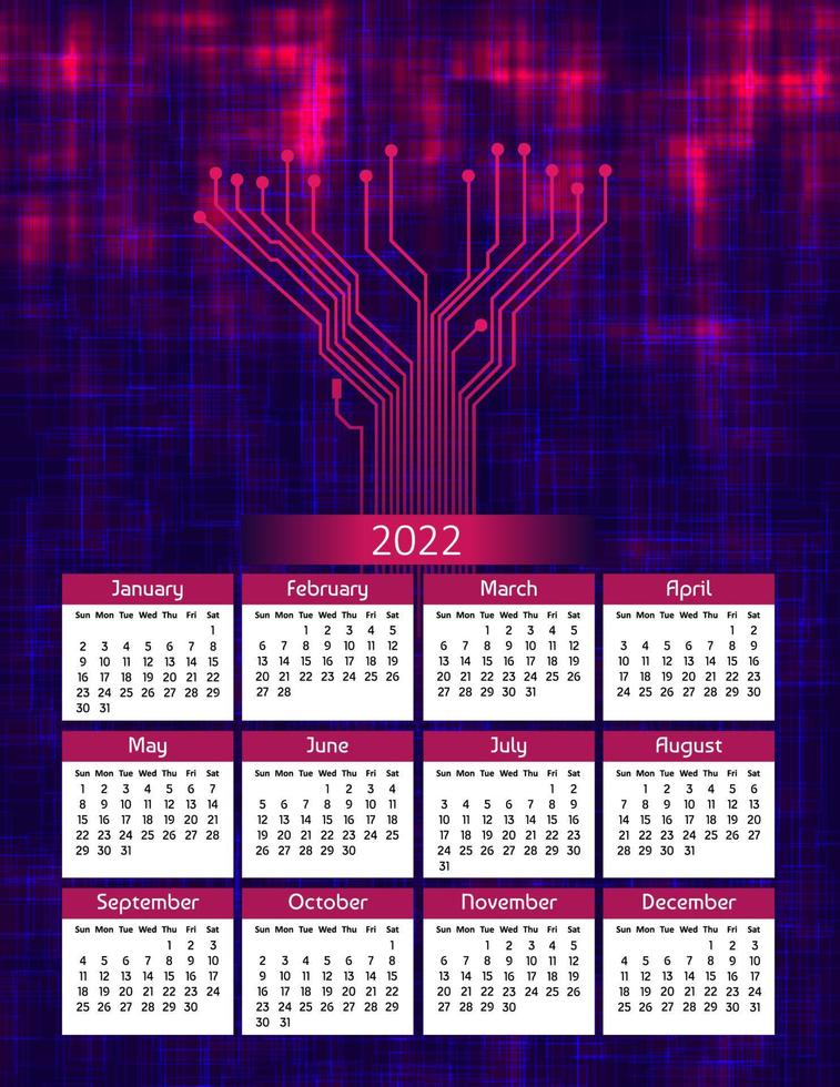 calendario anual futurista vertical 2022 con pistas de pcb, la semana comienza el domingo. calendario anual de pared grande colorida ilustración digital moderna en rojo y azul. tamaño de papel carta a4 us. vector