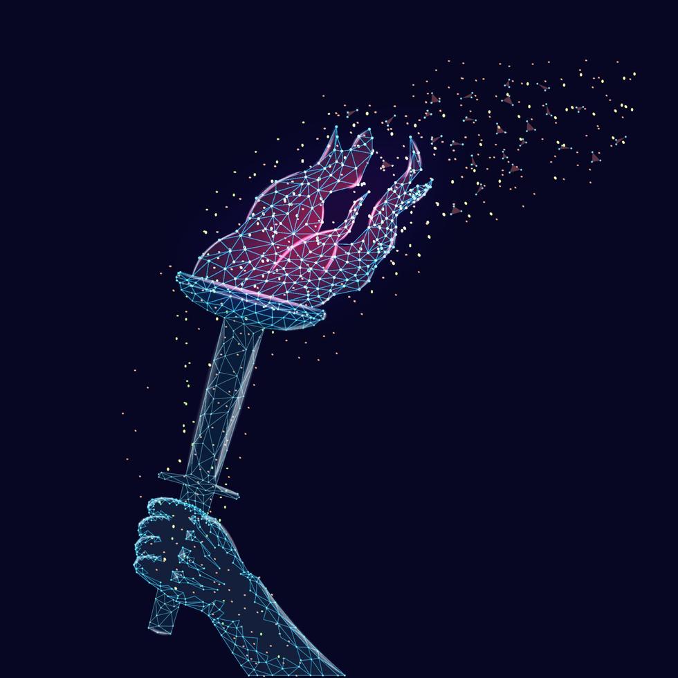 Burning torch in hand in wireframe polygonal style isolated on dark blue background. Design element for banner. Vector illustration.