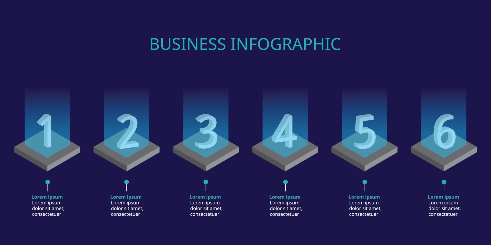 plantilla de gráfico de número de paso para infografía para presentación de 6 elementos con luz azul vector