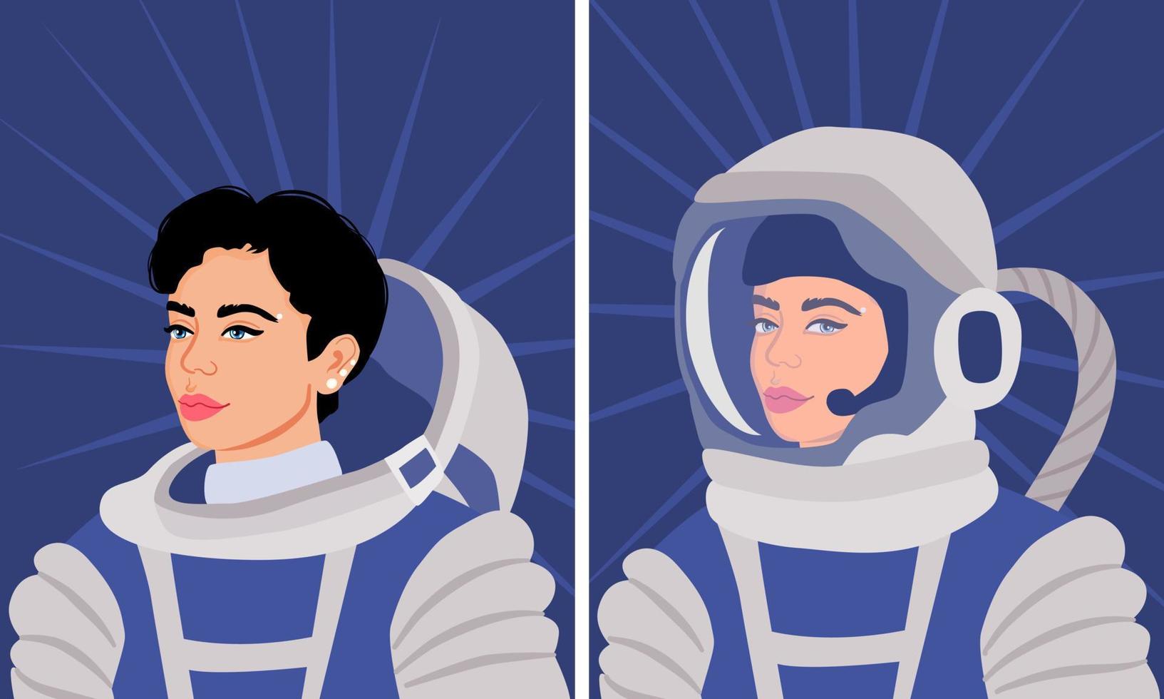 Astronaut woman in pressure suit and helmet. Young female scientist portrait. vector