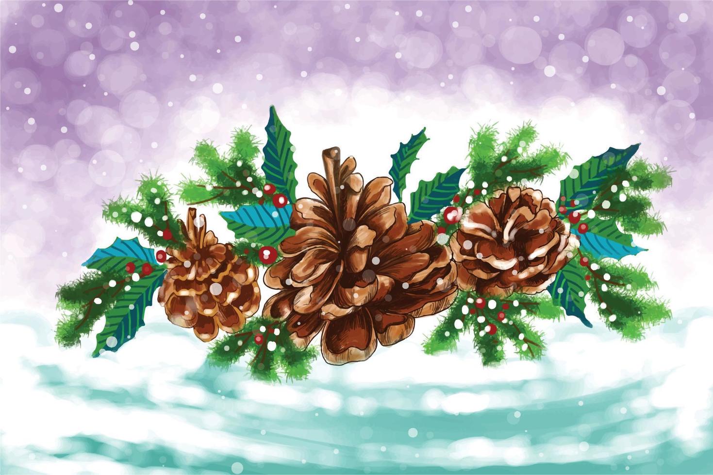 Christmas holly pine cone set merry christmas card background vector