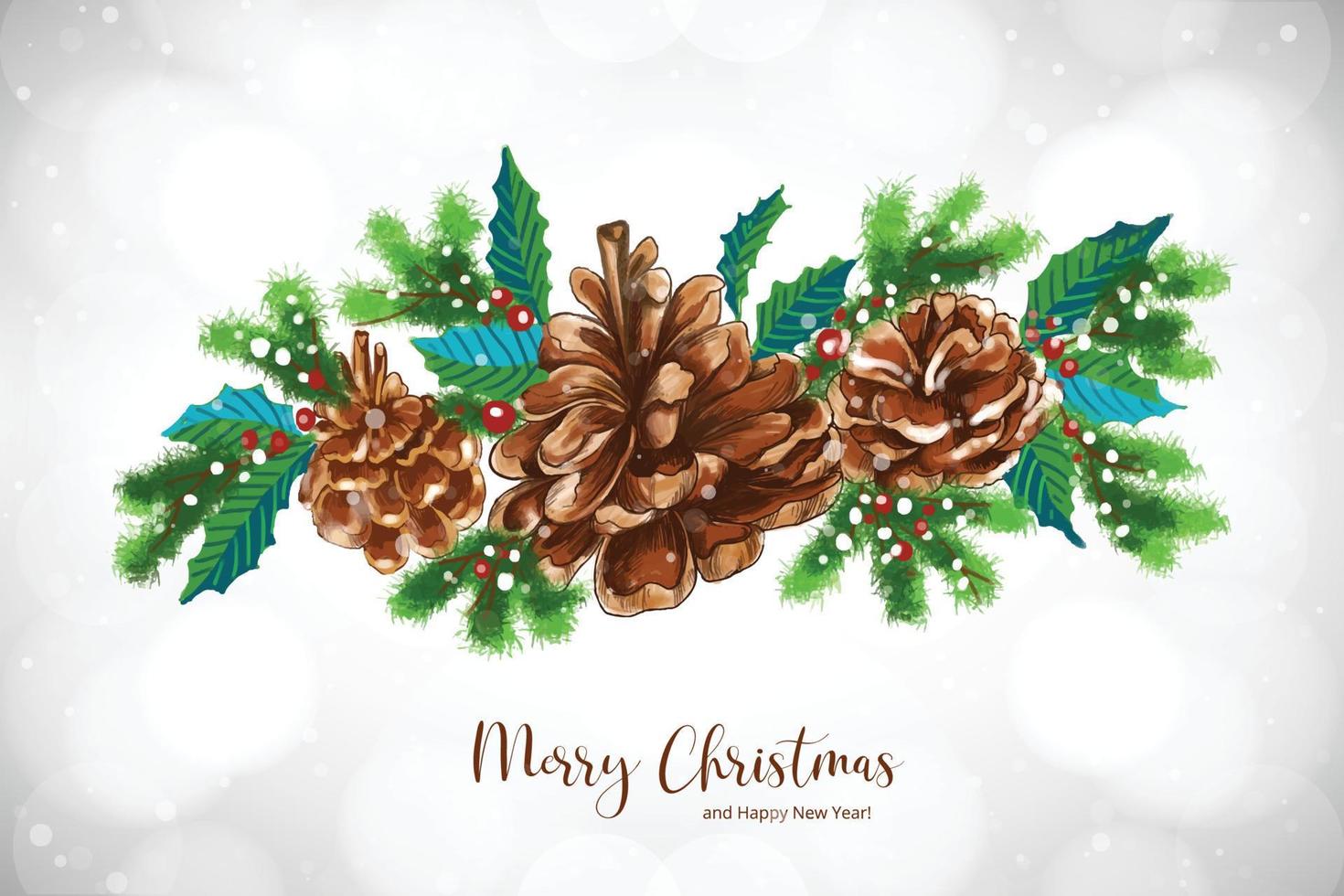 fondo de tarjeta de feliz navidad con cono de pino de acebo de navidad vector