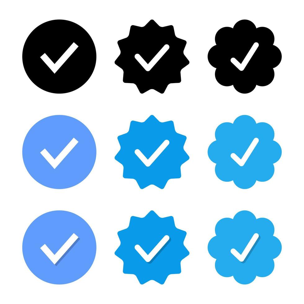 vector de icono de insignia azul verificado. garrapata, símbolo de marca de verificación del perfil de las redes sociales