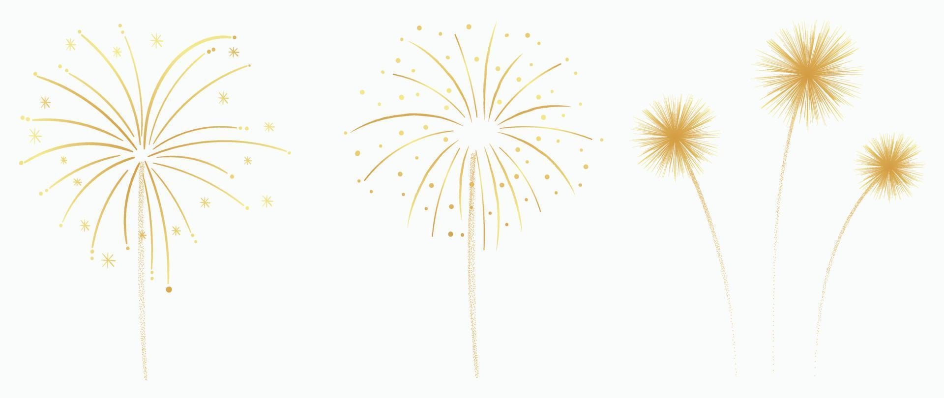 Set of new year festive firework vector illustration. Collection of gradient gold fireworks on white background. Art design suitable for decoration, print, poster, banner, wallpaper, card, cover.