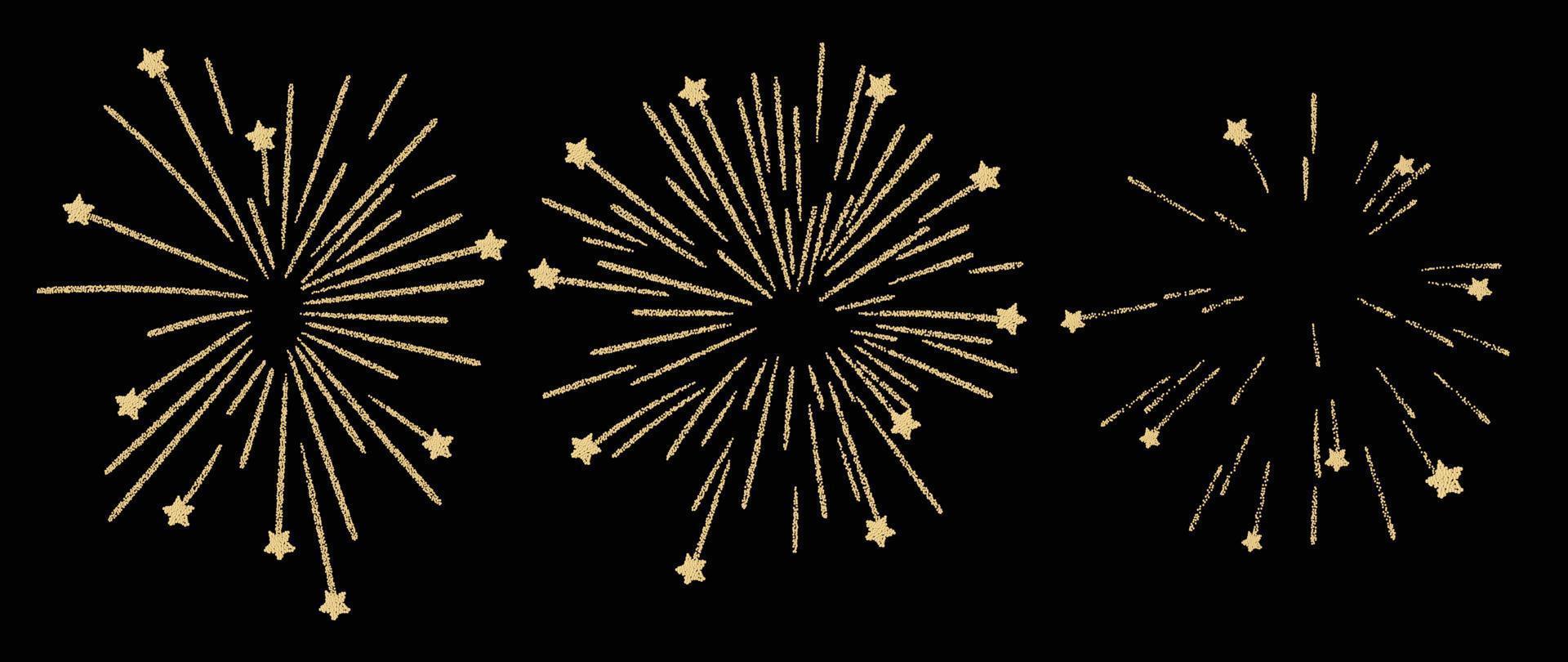 Set of new year firework vector illustration. Collection of bright glow golden fireworks, stars on black background. Art design suitable for decoration, print, poster, banner, wallpaper, card, cover.